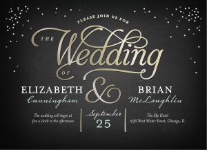 Sparkling gold and black wedding invitation.