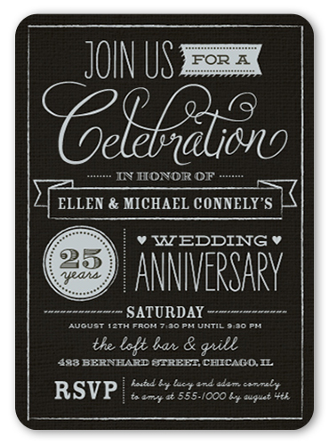 black and silver 25th wedding anniversary invitation