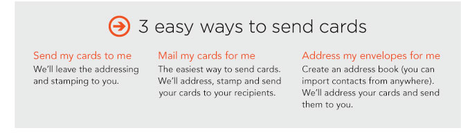 3 EASY WAYS TO SEND CARDS. SEND MY CARDS TO ME. MAIL MY CARDS FOR ME. ADDRESS MY ENVELOPES FOR ME.