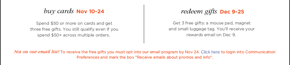 buy cards Nov 10-24 -- redeem gifts Dec 9-25