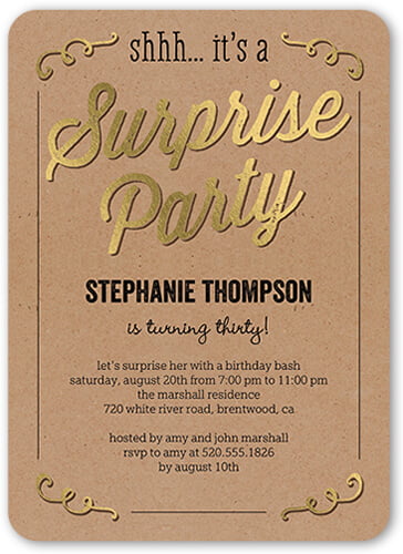 gold surprise birthday party invitation