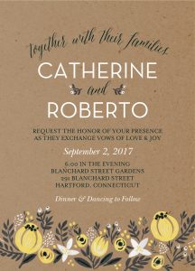 A brown wedding invitation with yellow flowers.