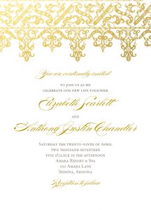 A gold lace and white wedding invitation.