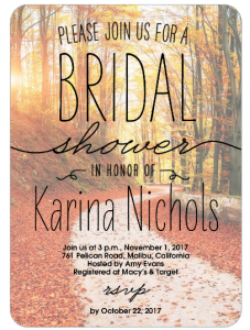bridal shower invitation with photo of path covered in fall leaves