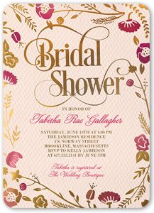 bridal shower invitation with flowers and ornate lettering