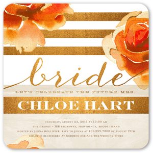 orange and gold bridal shower invitation with water 
