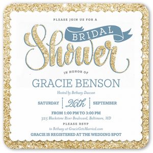 bridal shower invitation with sparkling gold borders and blue lettering