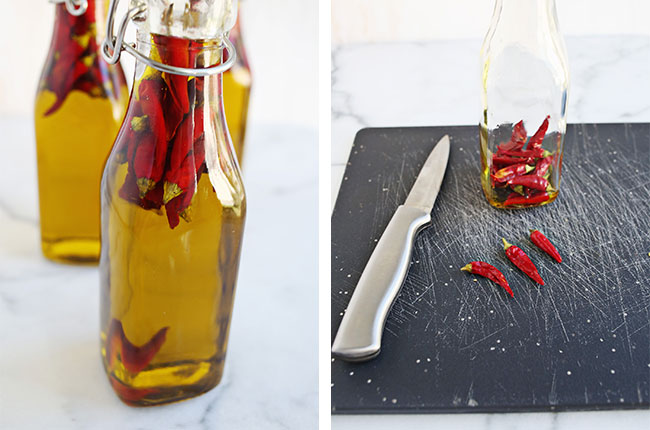 Four hot pepper oil bottles and cutting board gifts for Father's Day