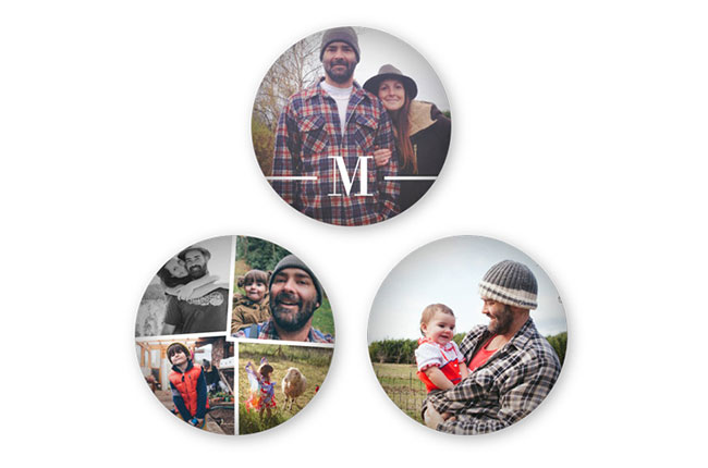 Three circular personalized glass magnets for Father's Day featuring family photos