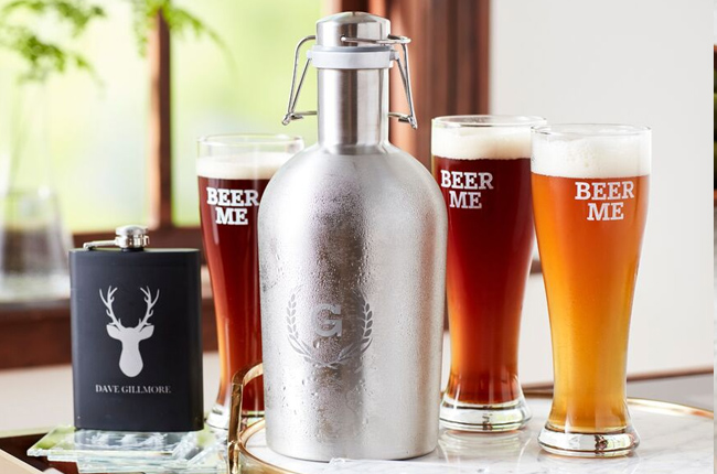 Personalized growler, pilsner glasses, and flask for Father's Day