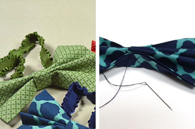 Two custom bow ties in a light green and blue polka dotted pattern