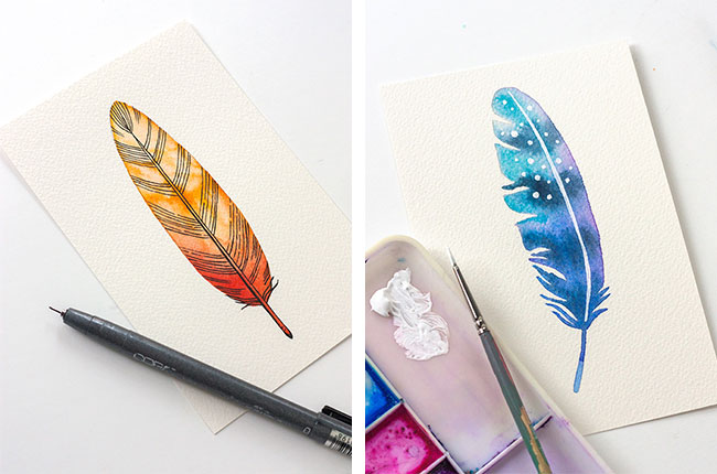 Watercolor artwork featuring two paintings of an orange and blue feather