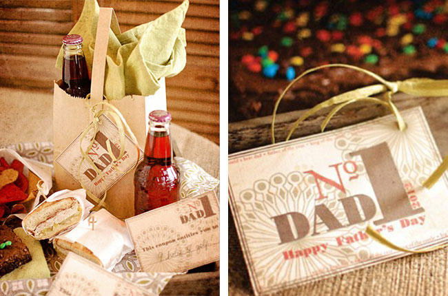 DIY Father's Day coupons featuring a gift bag, sandwiches, and soda bottles
