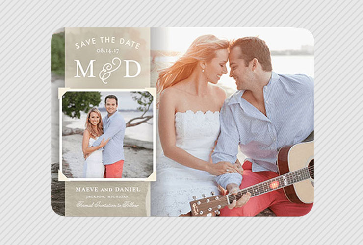 Couple playing guitar on save the date