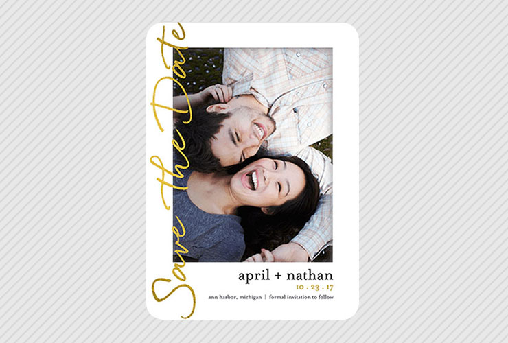 Couple laughing together on save the date