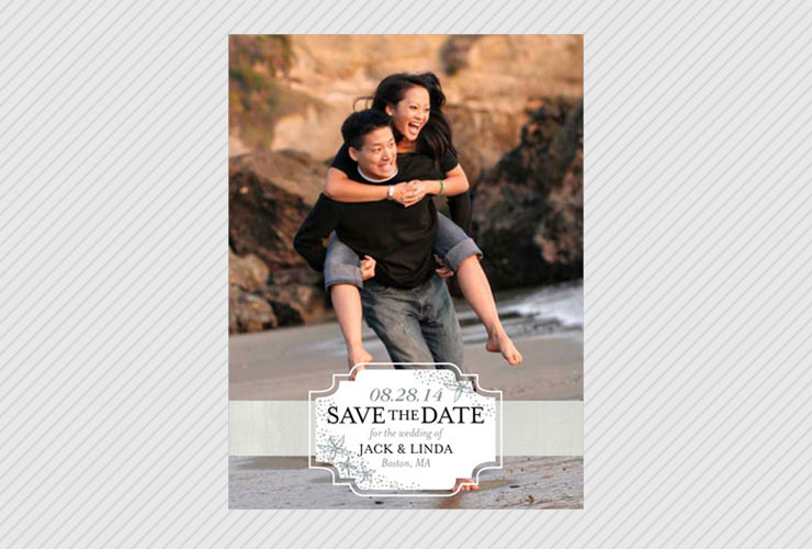 Couple on beach on save the date card