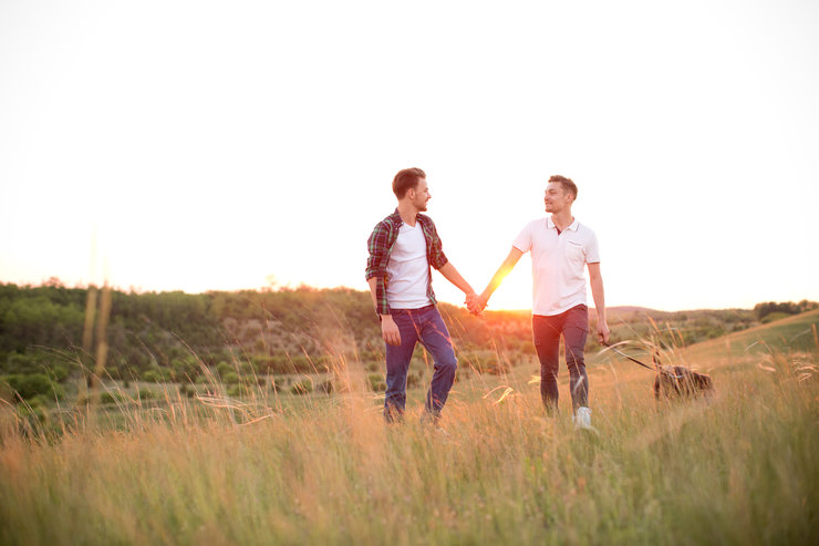 Young gay couple in a meadow.
