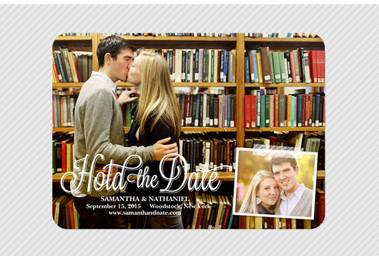 Couple in library on save the date