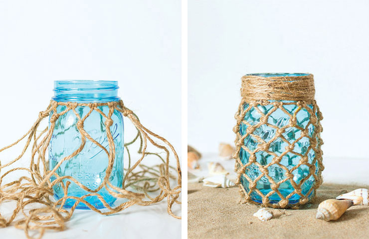 blue mason jar with fishnet