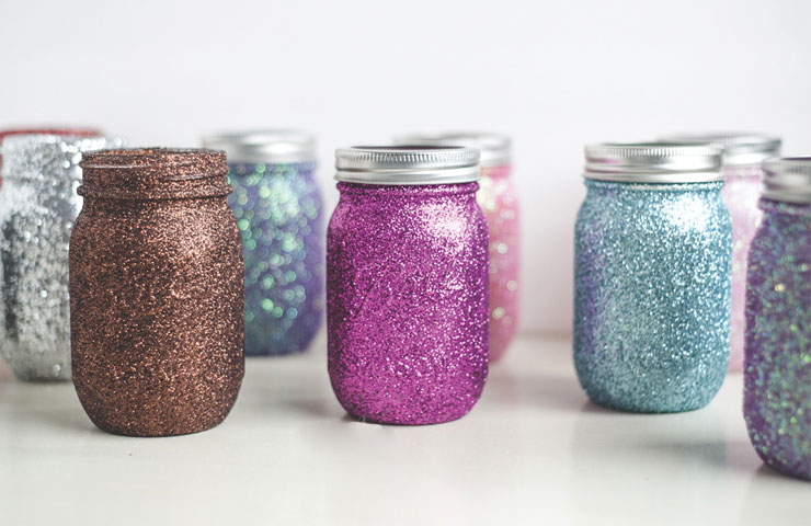 mason jars covered in glitter