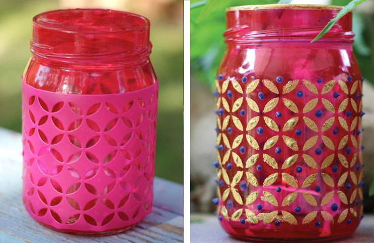 pink mason jars with gold design