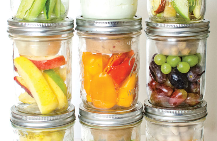 veggies and fruit in mason jars