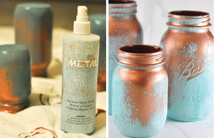 Blue and bronze mason jars