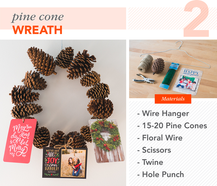 pine cone wreath with Christmas cards