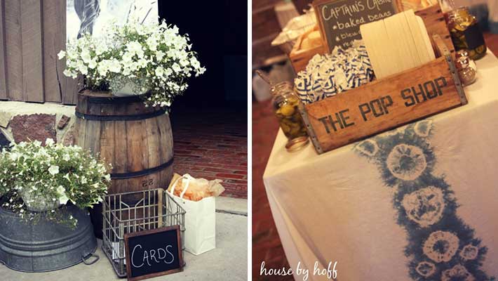wire and wood wedding card boxes with chalkboard signs