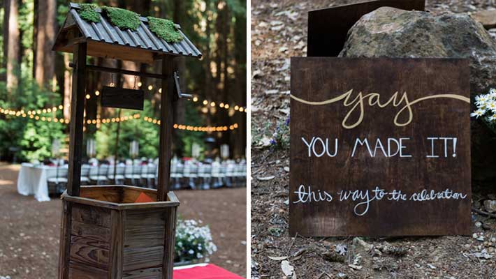 wishing well-themed wedding card box and hand drawn sign