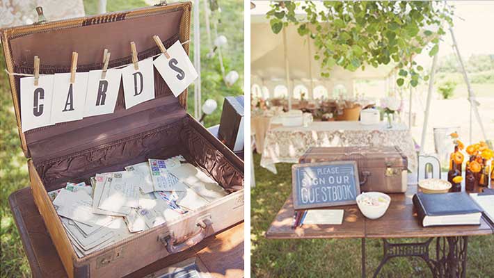 suitcase full of wedding cards with a clothespin hanging sign