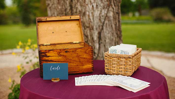 rustic wooden wedding card box and picnic basket