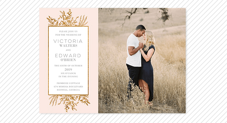Wedding invite with couple in field