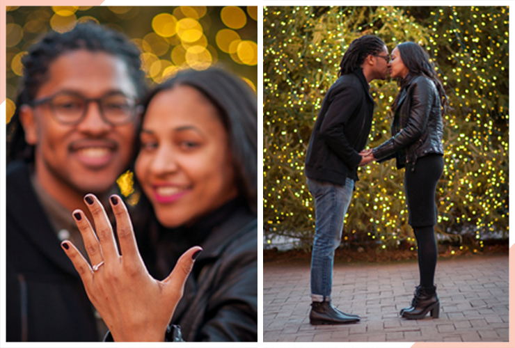 couple ring and kiss christmas engagement photo