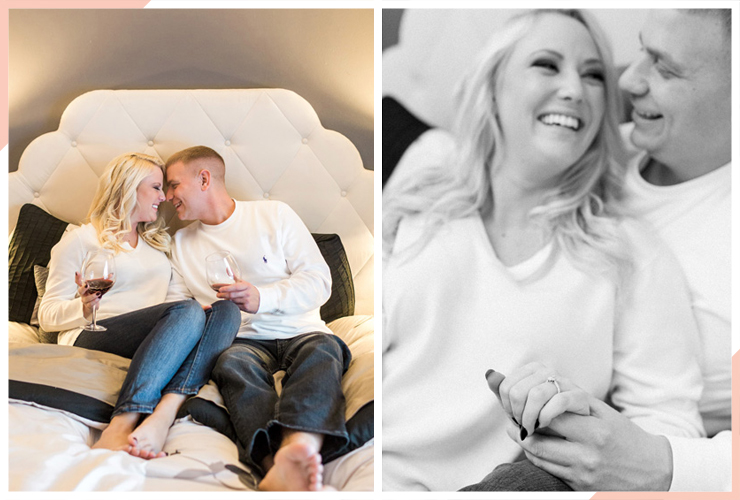 couple on a hotel bed christmas engagement photo