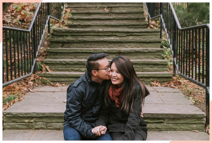kiss on the steps christmas engagement photo