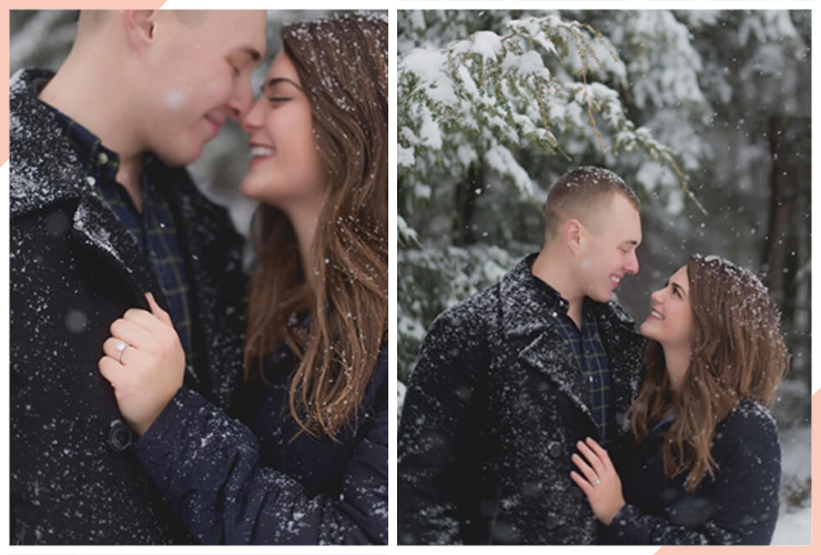 loving couple in the snow christmas engagement photo