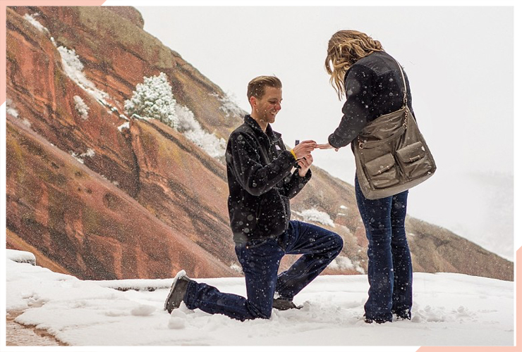 man on one knee on a snowy mountain christmas engagement photo