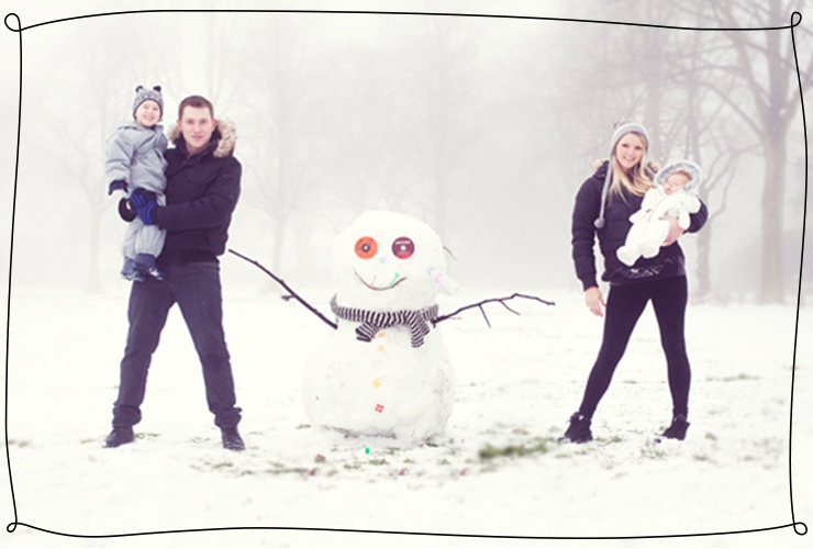 Family Christmas photo building a snowman