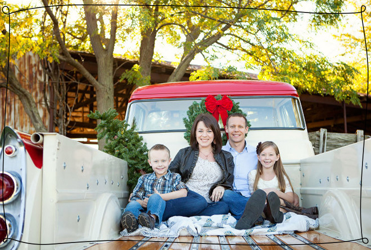 Christmas family photo in a truck bed