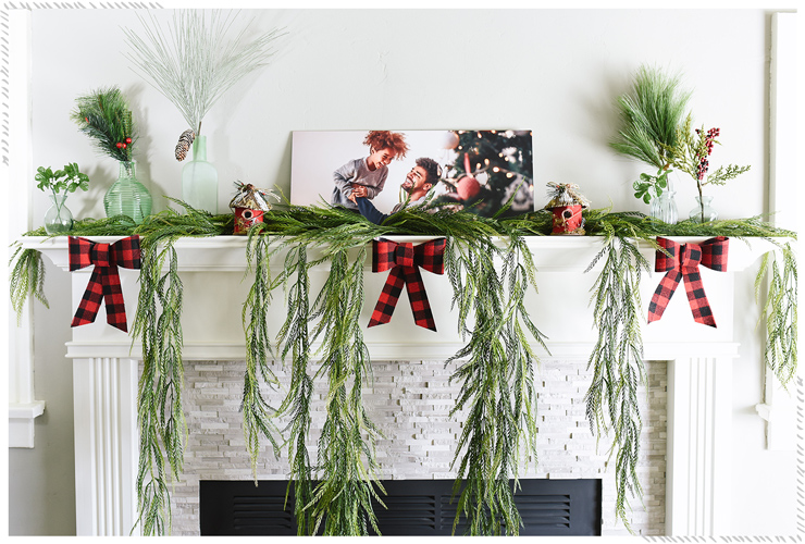 traditional Christmas mantel with ribbons