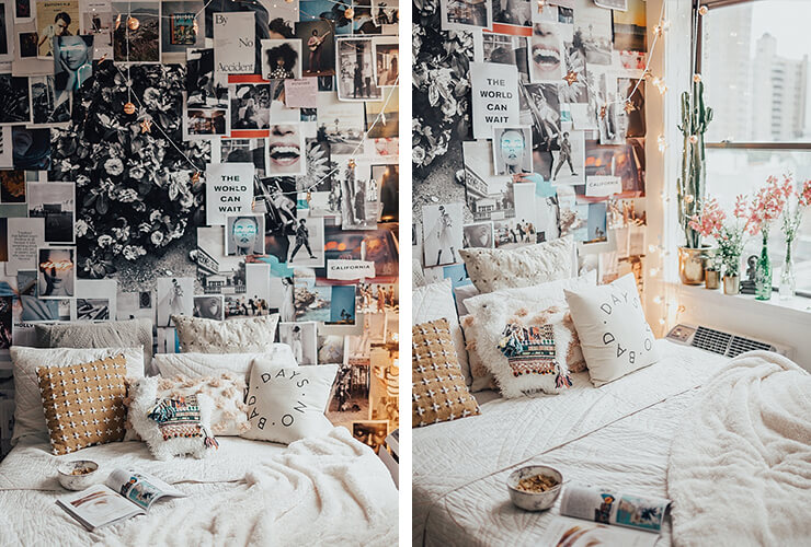 Photos cover a whole wall in a bedroom