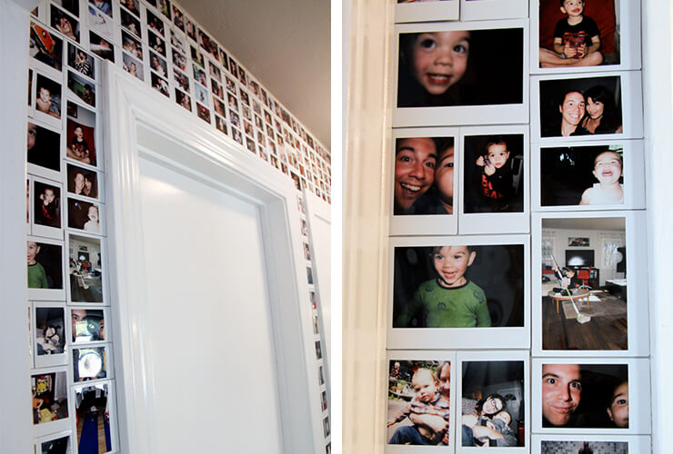 Polaroid photos cover a whole door frame