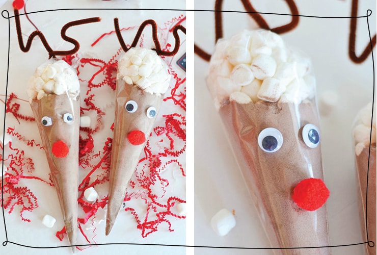 Hot cocoa mix in a cone shape that looks like a reindeer 