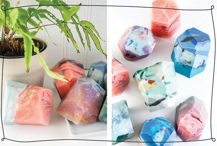 Display of marbled soap in the shape of jewels