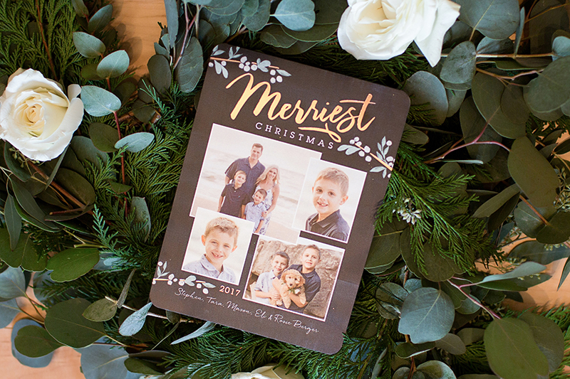 christmas card with family photos and gold writing