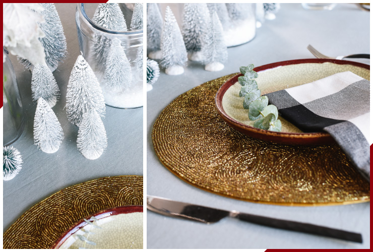 gold table setting with black and white napkin