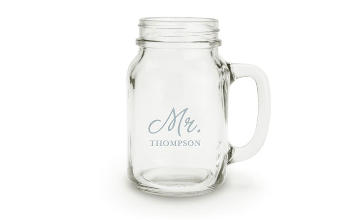 Hubby Wifey Mason Jars choose from 21 fonts personalized with a date and decorated with wooden Mr and Mrs handcrafted charms.