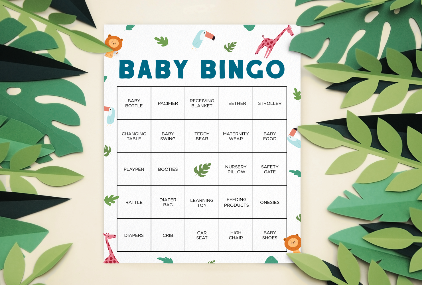 jungle themed bingo card.